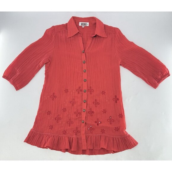 Couture Vers Yours Women's Red Embroidered Long Sleeve Tunic Blouse Sz L/11 Boho - Picture 3 of 10